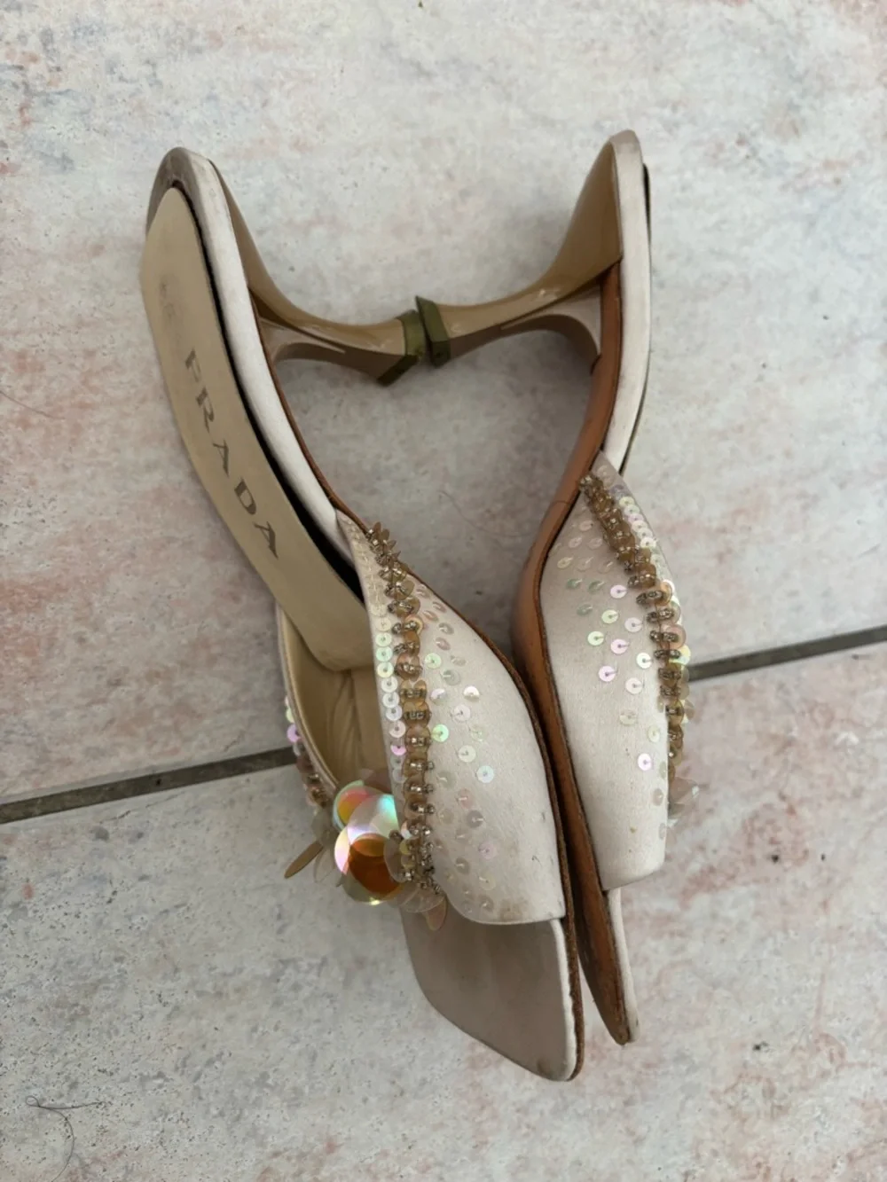 Prada heels Bead slides 90s shoes vintage sandals kitten mules sequin open toe - Picture 9 of 10